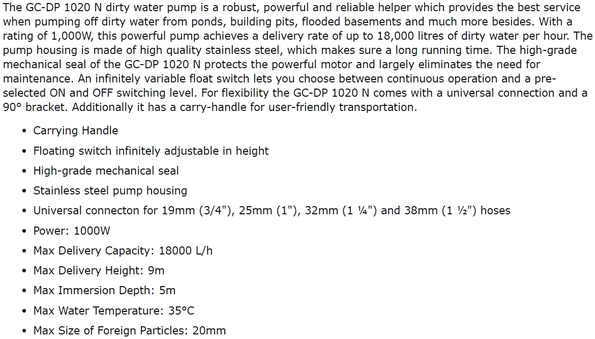 משאבת מים טבולה למים מלוכלכים היינל איינהל EINHELL GC-DP 1020 N TEXT